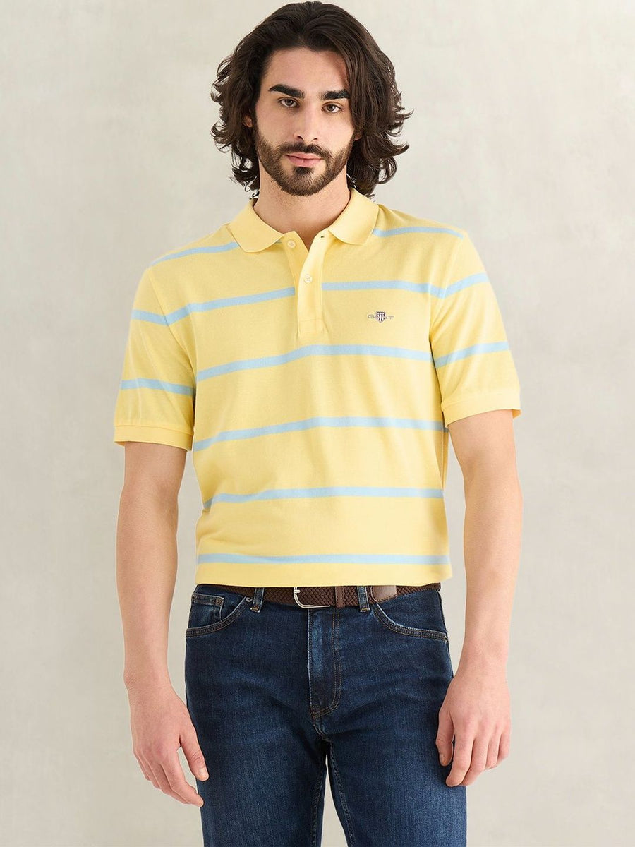 Gant Men Yellow Striped Regular Fit Polo T-Shirt
