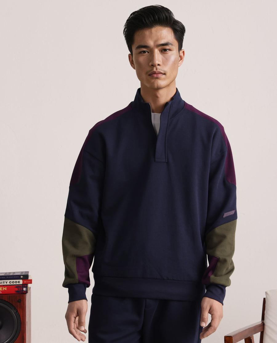 Rare Rabbit Men's Armo-1 Navy Cotton Ombre Regular Fit Full Sleeve High Neck Sweatshirt