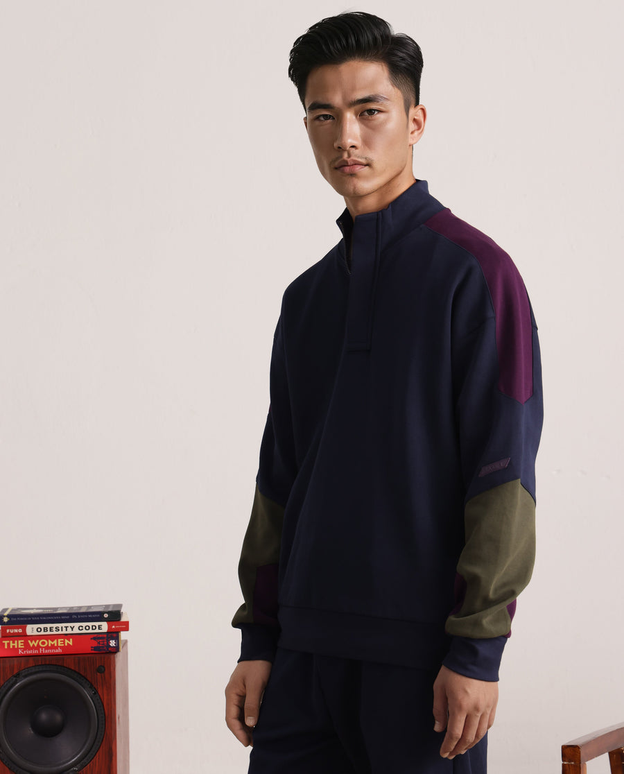 Rare Rabbit Men's Armo-1 Navy Cotton Ombre Regular Fit Full Sleeve High Neck Sweatshirt
