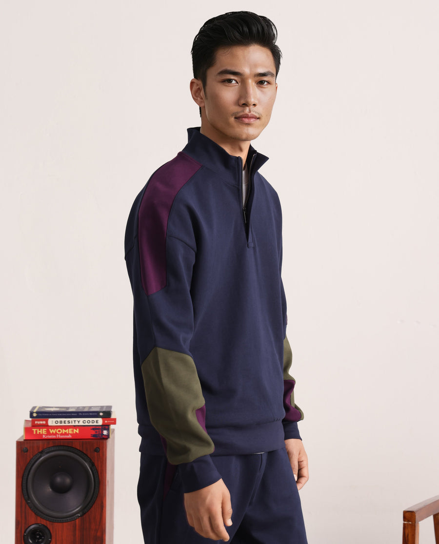 Rare Rabbit Men's Armo-1 Navy Cotton Ombre Regular Fit Full Sleeve High Neck Sweatshirt