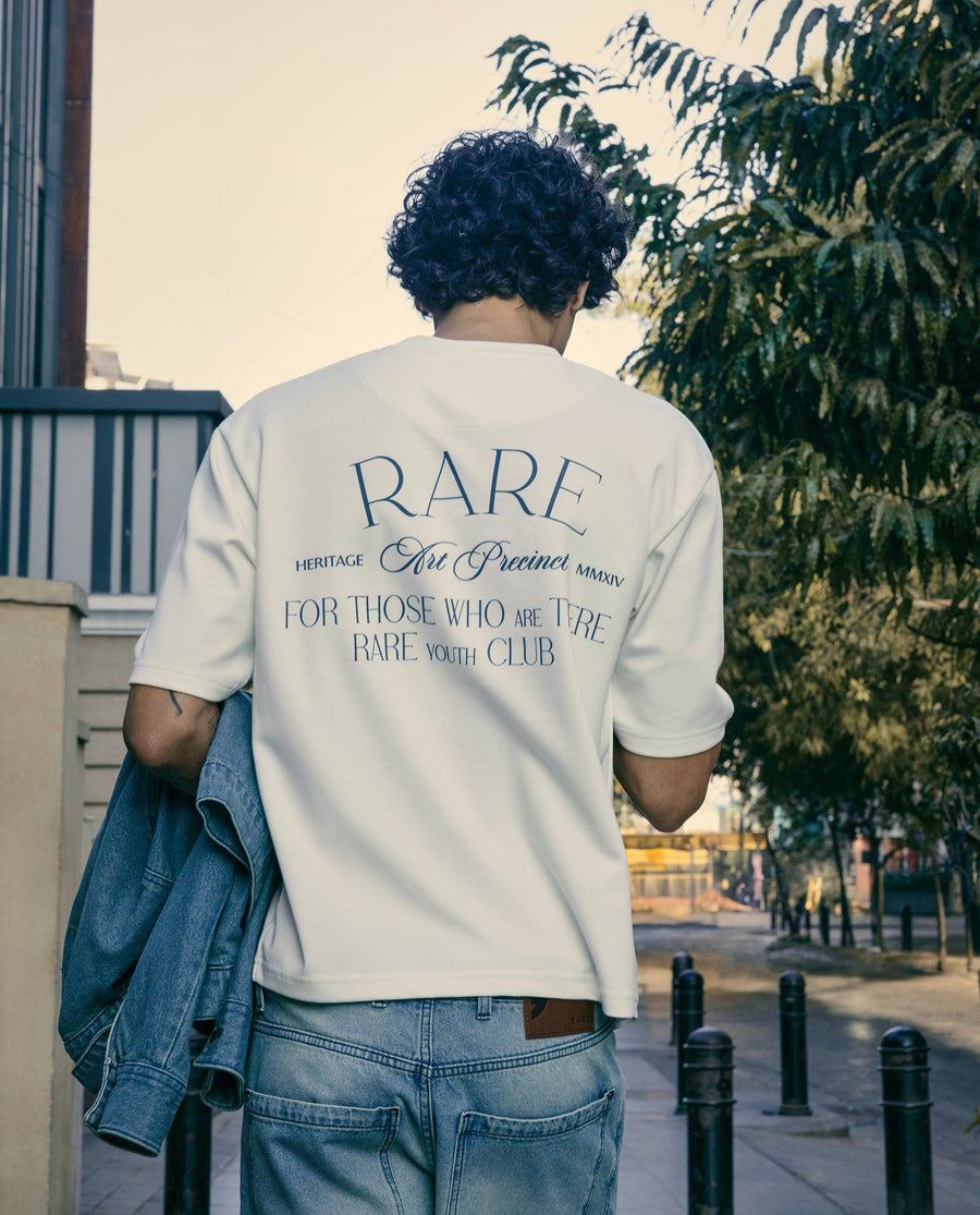 Rare Rabbit Men's Persus Off White Cotton Typography Print Boxy Fit Half Sleeve Crew Neck T-Shirt
