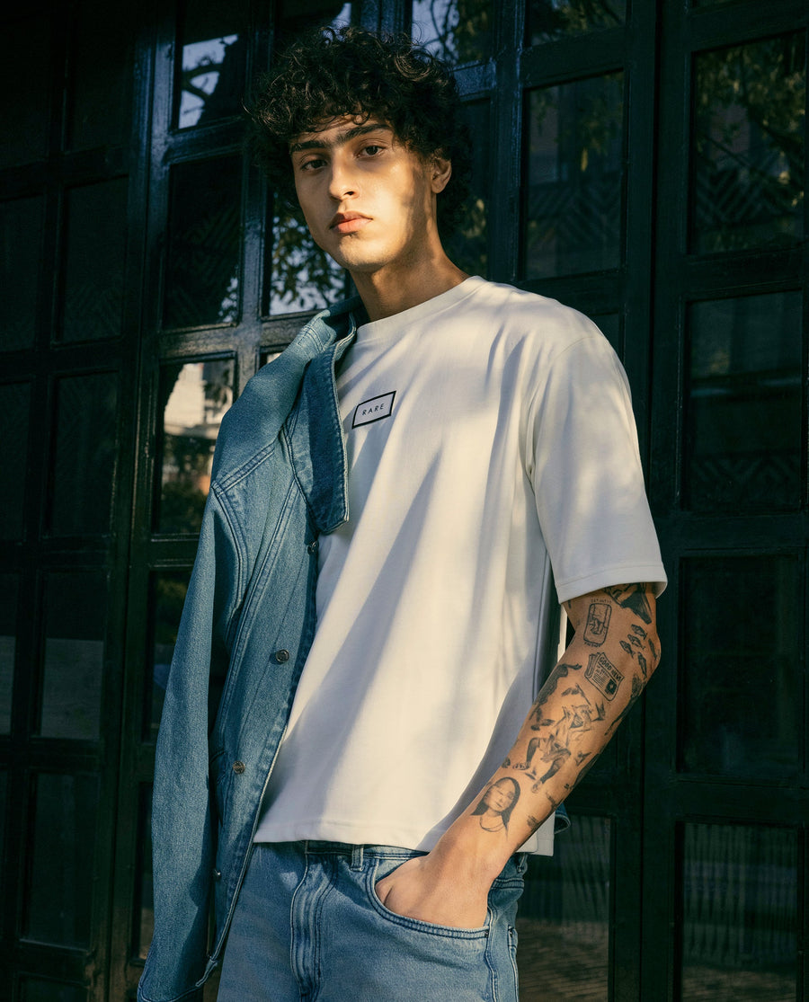 Rare Rabbit Men's Persus Off White Cotton Typography Print Boxy Fit Half Sleeve Crew Neck T-Shirt