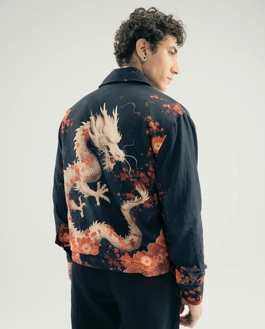 Rare Rabbit Men's Zyra Navy Viscose Blend Fabric Spread Collar Regular Fit Printed Jacket