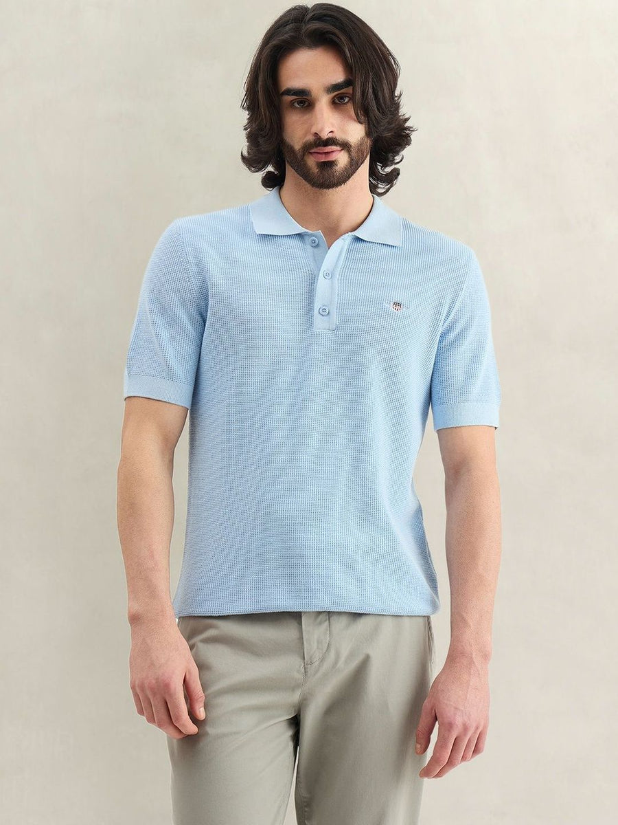 Gant Men Blue Textured Regular Fit Micro Textured Polo T-Shirt