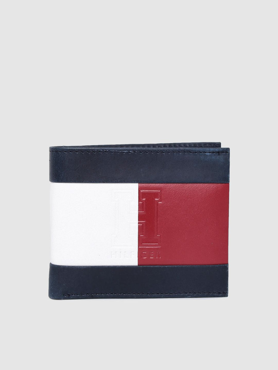 Tommy Hilfiger Men Navy Blue & Red Colourblocked Leather Two Fold Wallet