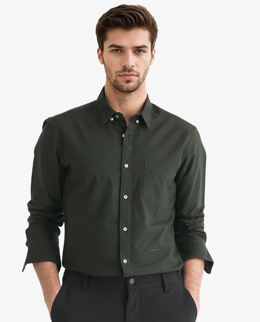 Rare Rabbit Men's Auxfo Dark Green Cotton Plain Regular Fit Full Sleeve Button-Down Collar Shirt