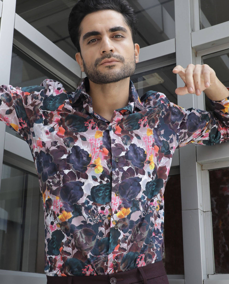Rare Rabbit Men's Drakee White Cotton Floral Print Regular Fit Full Sleeve Collared Shirt