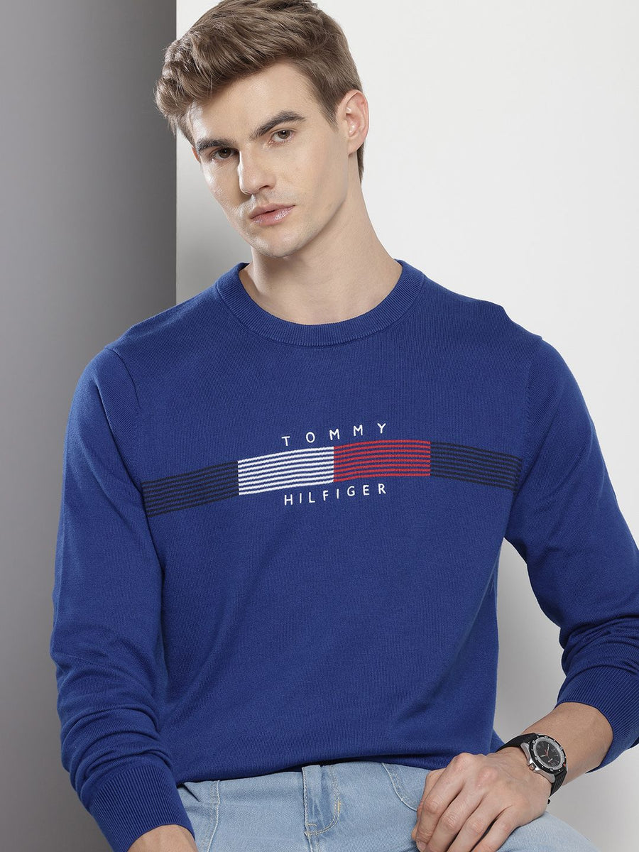 Tommy Hilfiger Pure Cotton Self Striped Embroidered Pullover Sweaters