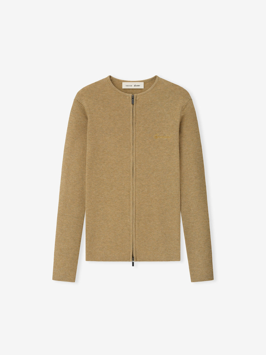 Womens Signature Rib Knit Fitted Long Sleeve Zip Up Tee