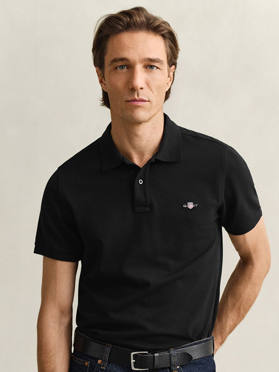Gant Men Black Solid Regular Fit Shield Pique Polo T-Shirt