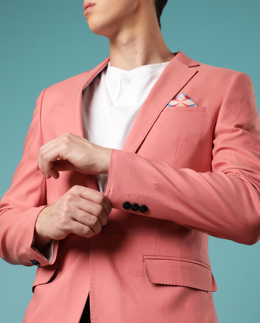 Rare Rabbit Men's Bart Pink Polyester Plain Tailored Fit Full Sleeve Lapel Neck Blazer