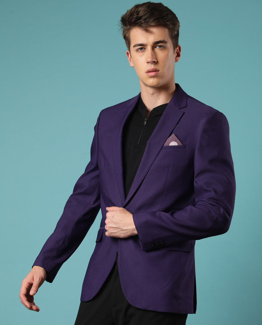 Rare Rabbit Men's Bart Purple Polyester Plain Tailored Fit Full Sleeve Lapel Neck Blazer