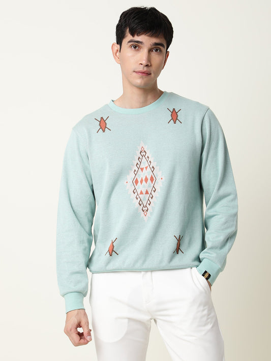 Rare Rabbit Men's Aztec Blue Cotton Printed Regular Fit Full Sleeve Crew Neck Sweatshirt