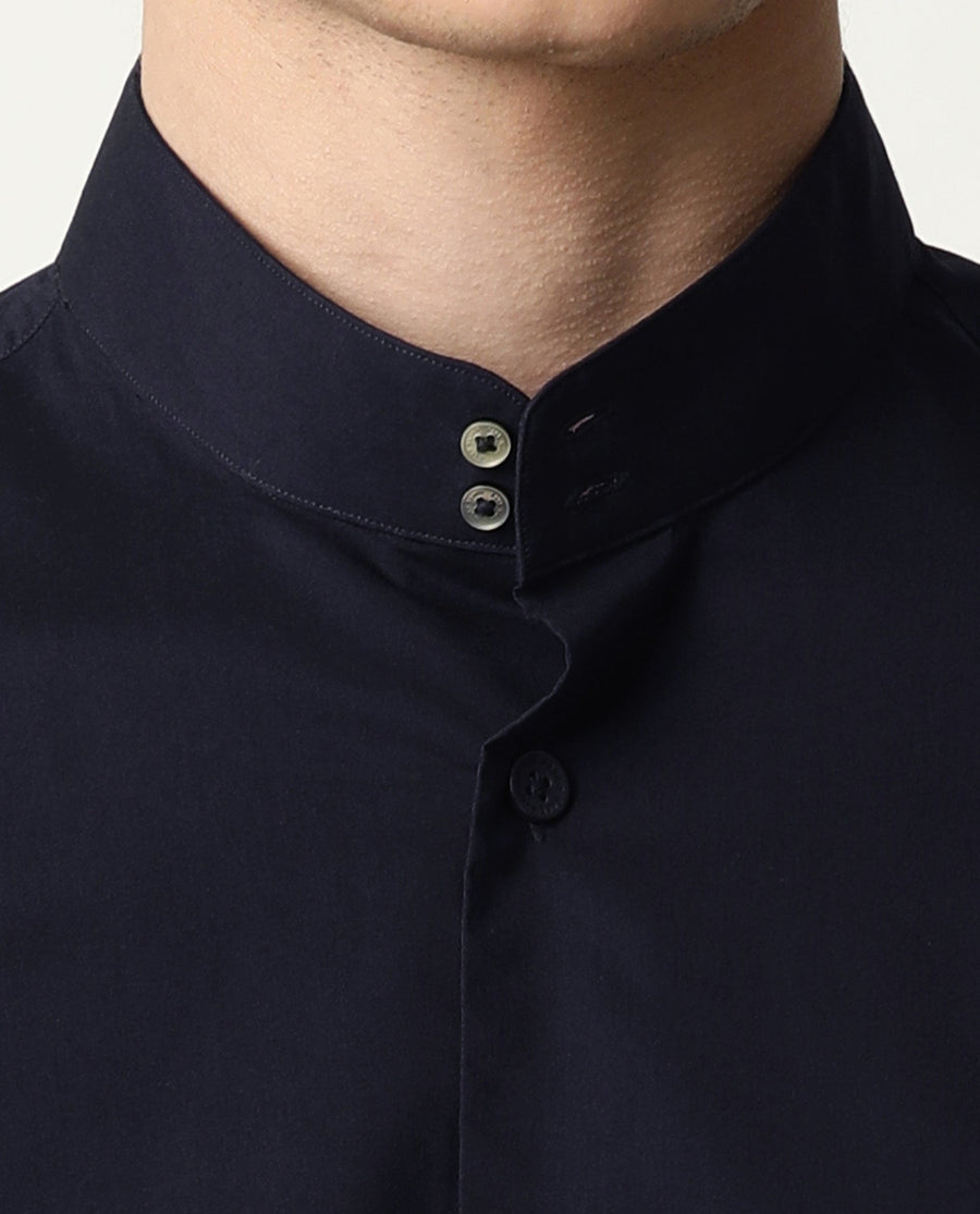 Rare Rabbit Men's Shiro Navy Cotton Plain Regular Fit Half Sleeve Mandarin Collar Shirt
