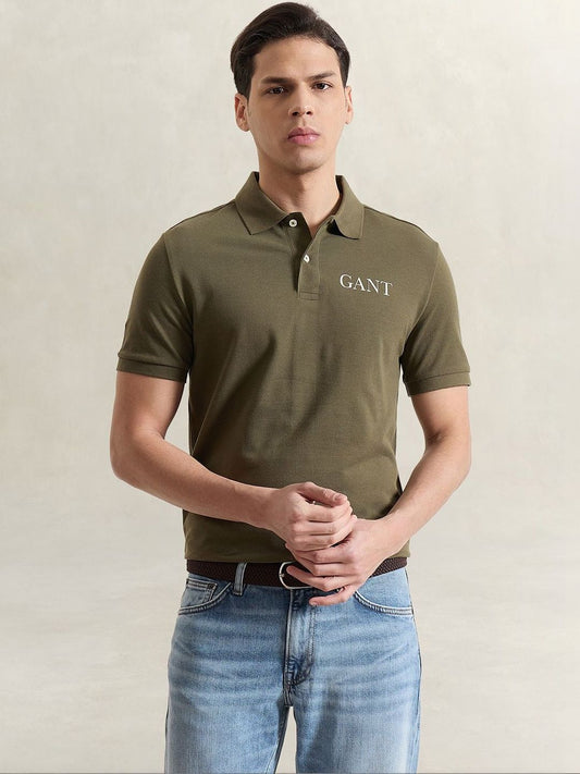 Gant Men Olive Green Solid Regular Fit Pure Cotton Polo T-Shirt