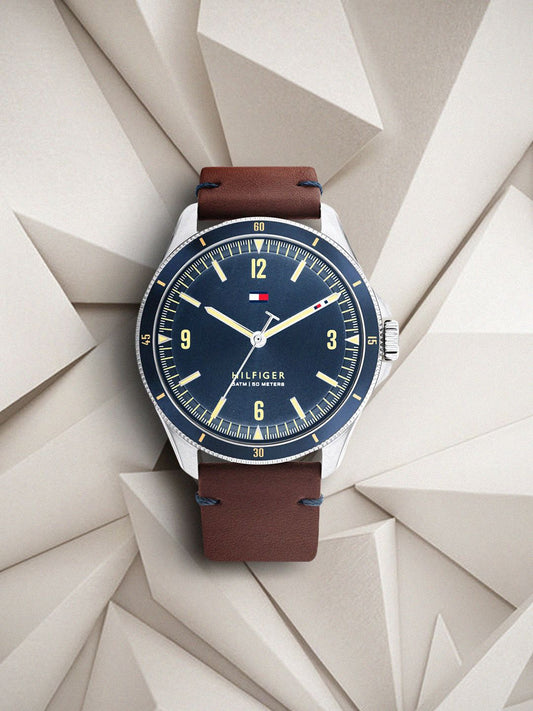 Tommy Hilfiger Men Blue Dial & Brown Leather Strap Analogue Watch TH1791905