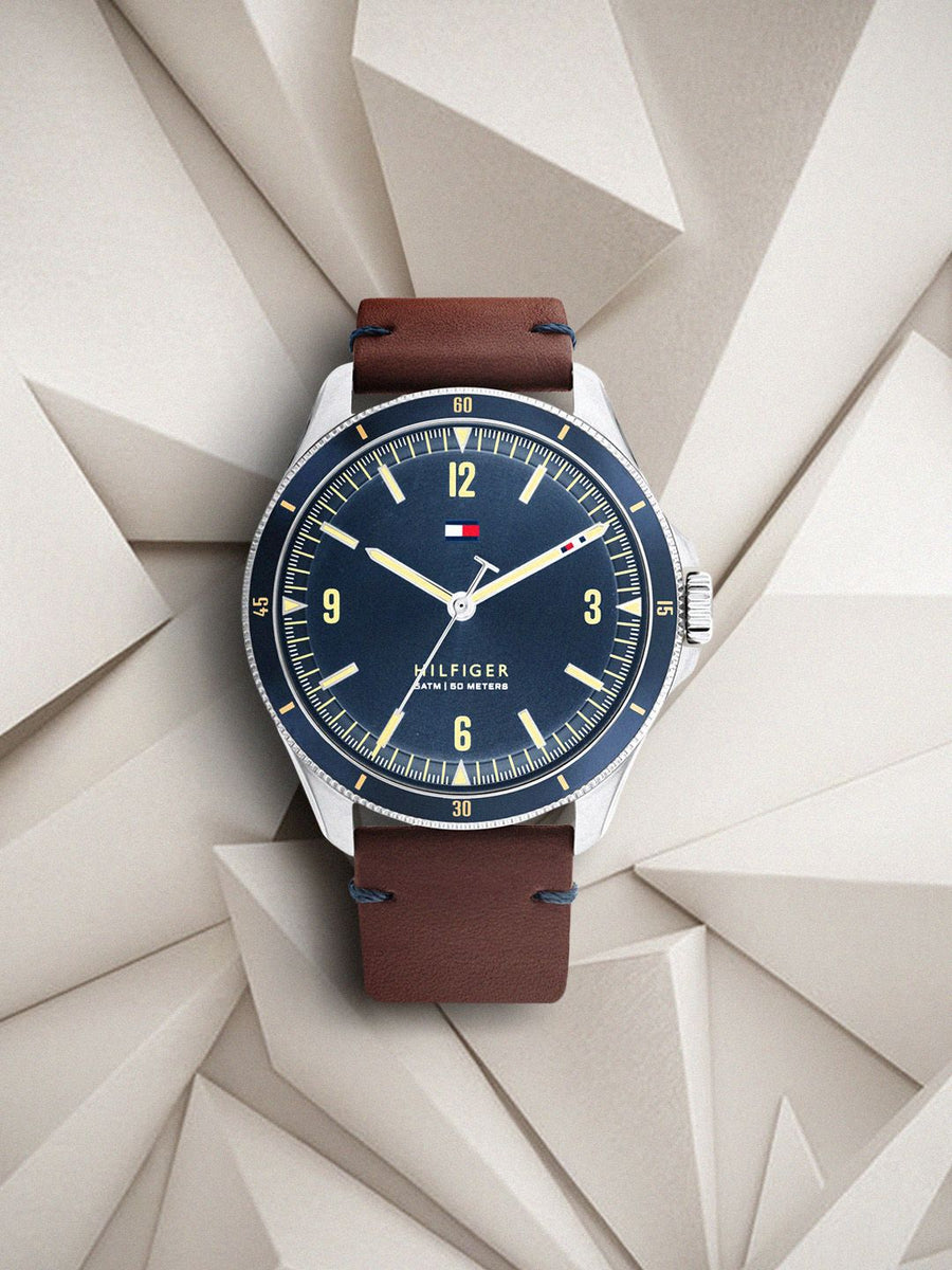 Tommy Hilfiger Men Blue Dial & Brown Leather Strap Analogue Watch TH1791905