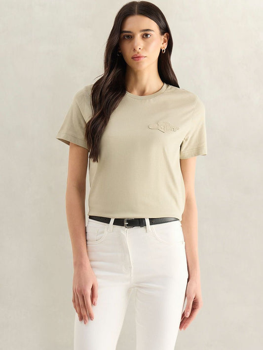 Gant Women Beige Solid Regular Fit Shield T-Shirt