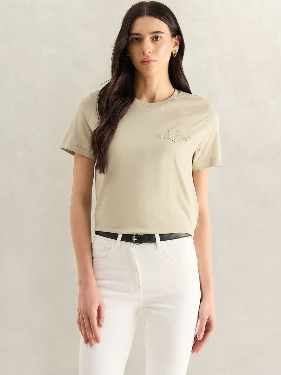 Gant Women Beige Solid Regular Fit Shield T-Shirt