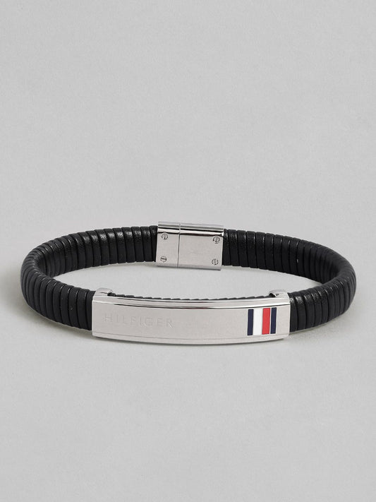 Tommy Hilfiger Men Leather Brass-Plated Bangle-Style Bracelet