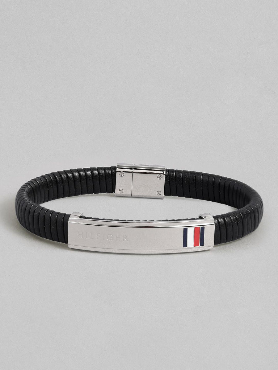 Tommy Hilfiger Men Leather Brass-Plated Bangle-Style Bracelet