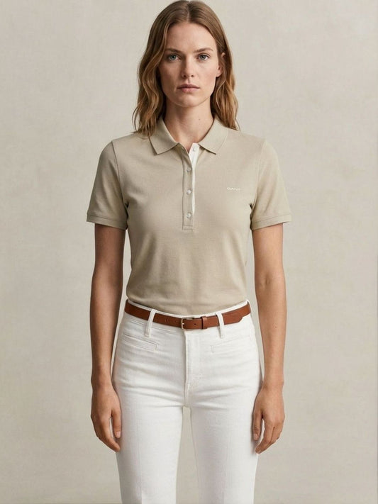 Gant Women Beige Solid Slim Fit Pique Polo T-Shirt