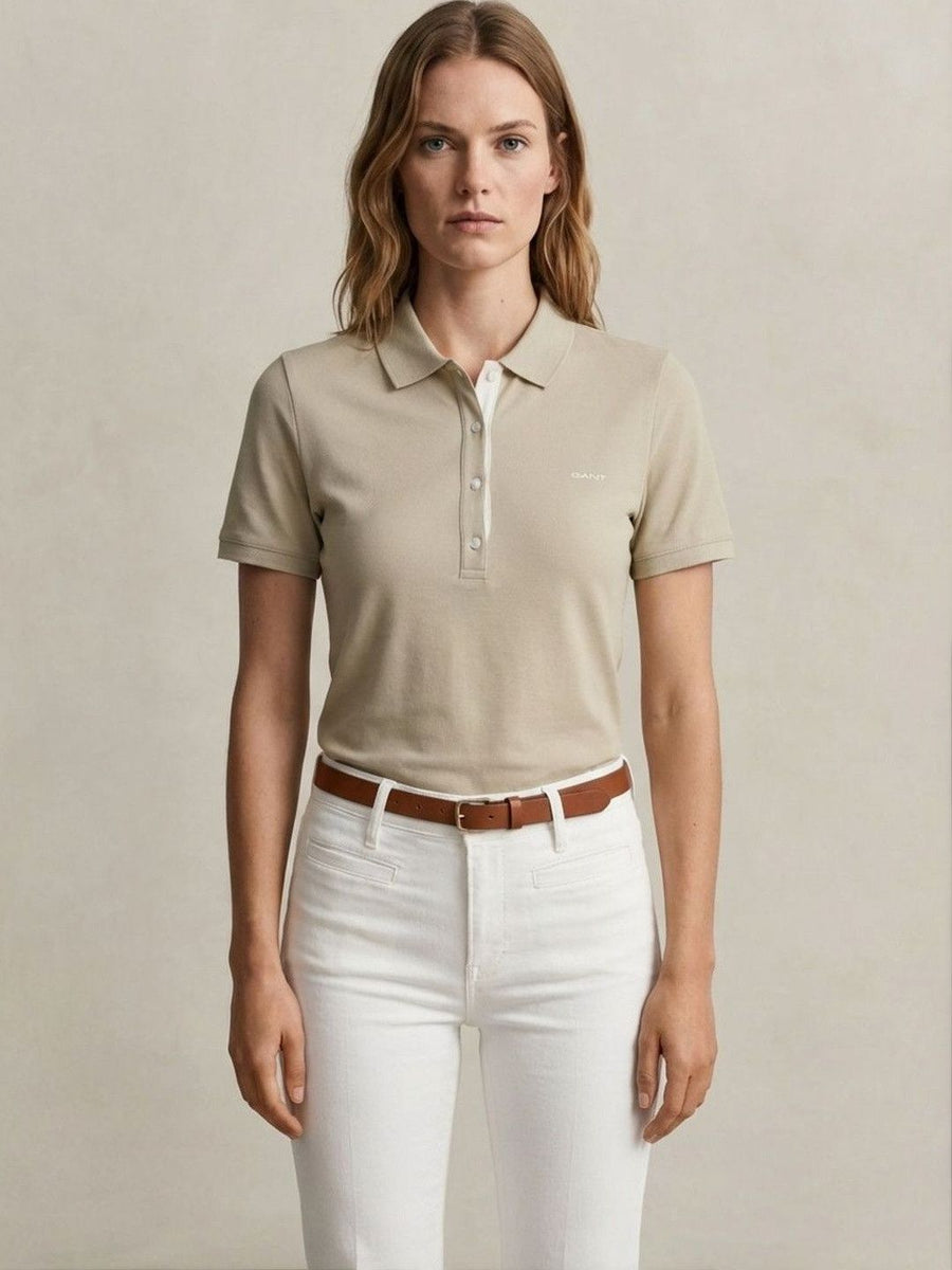 Gant Women Beige Solid Slim Fit Pique Polo T-Shirt