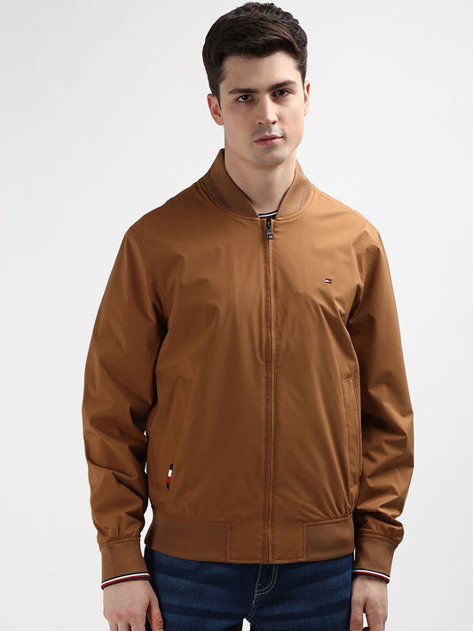 Tommy Hilfiger Men Brown Solid Stand Collar Full Sleeves Open Front Jacket