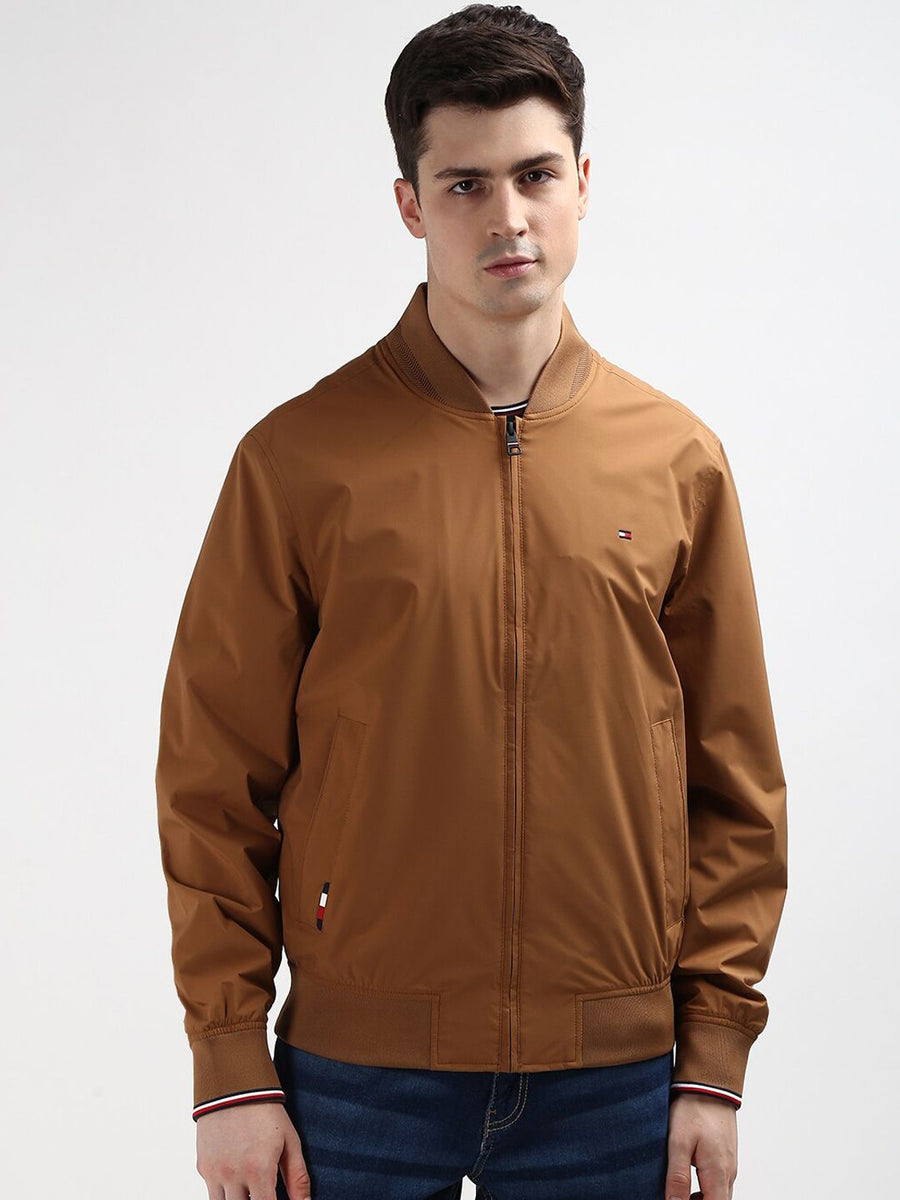 Tommy Hilfiger Men Brown Solid Stand Collar Full Sleeves Open Front Jacket