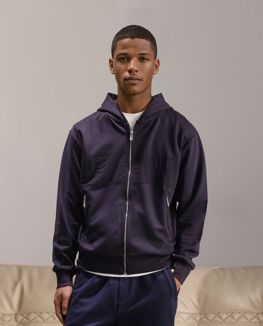 Rare Rabbit Men's Monct Navy Nylon Cut And Sew Regular Fit Full Sleeve Hooded Sweatshirt