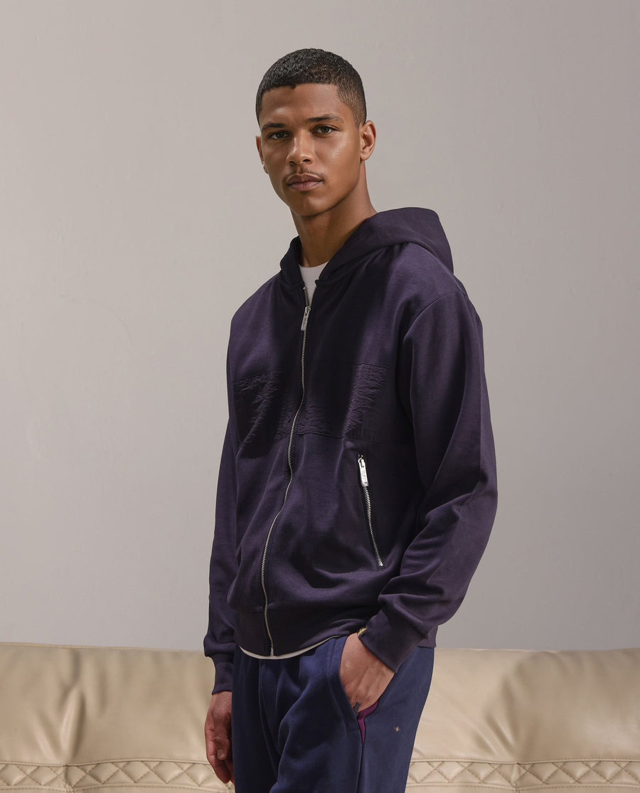 Rare Rabbit Men's Monct Navy Nylon Cut And Sew Regular Fit Full Sleeve Hooded Sweatshirt