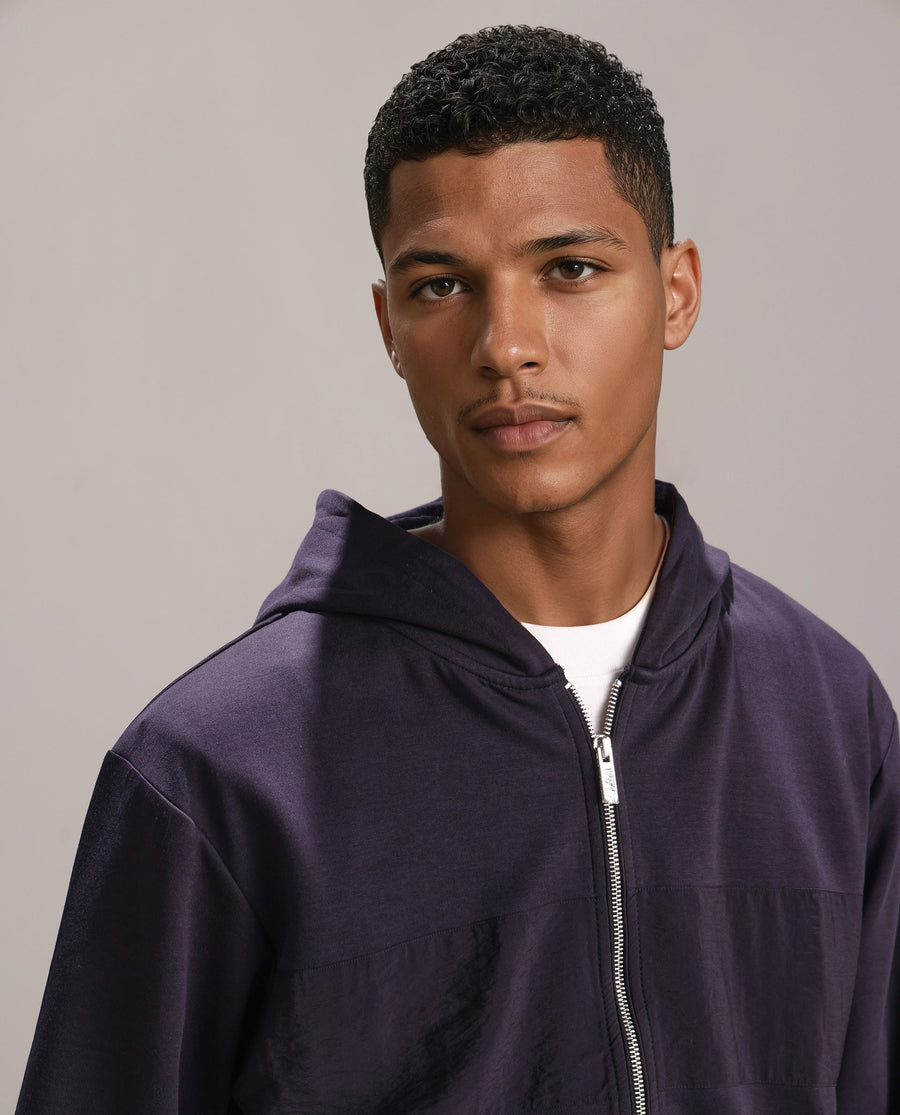 Rare Rabbit Men's Monct Navy Nylon Cut And Sew Regular Fit Full Sleeve Hooded Sweatshirt