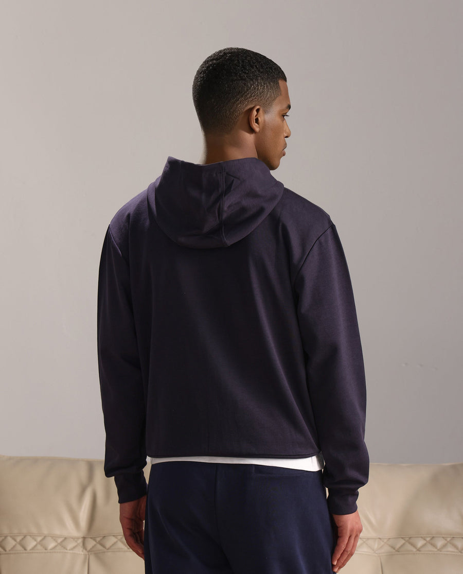 Rare Rabbit Men's Monct Navy Nylon Cut And Sew Regular Fit Full Sleeve Hooded Sweatshirt