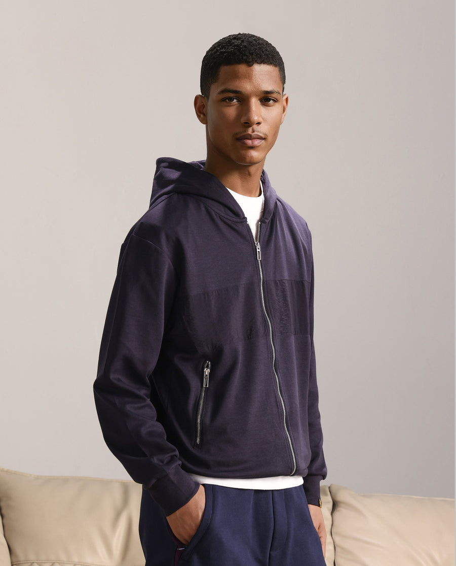 Rare Rabbit Men's Monct Navy Nylon Cut And Sew Regular Fit Full Sleeve Hooded Sweatshirt