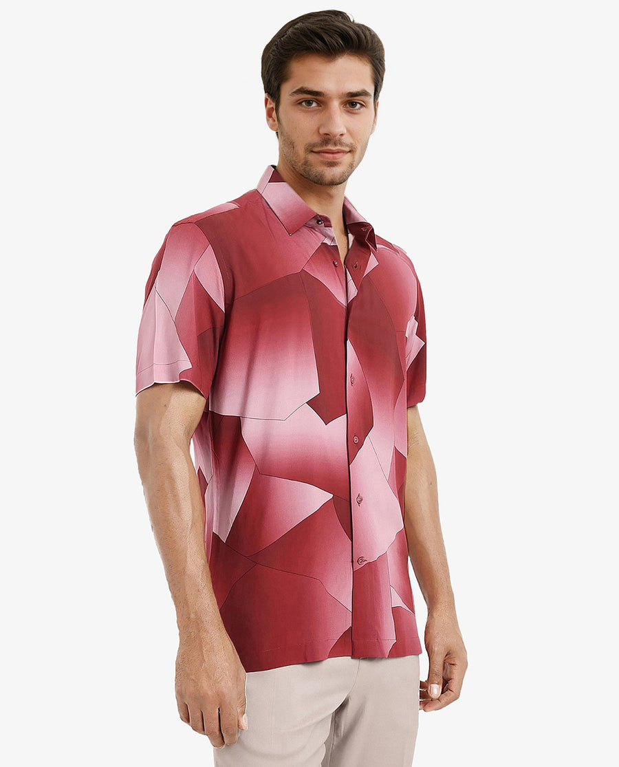 Rare Rabbit Men's Caplet Red Cotton Abstract Print Regular Fit Half Sleeve Collared Shirt