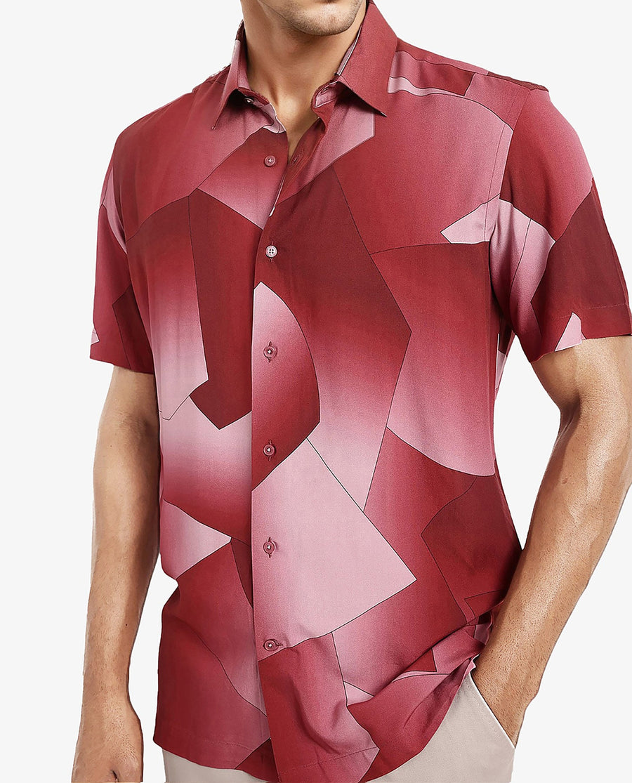 Rare Rabbit Men's Caplet Red Cotton Abstract Print Regular Fit Half Sleeve Collared Shirt