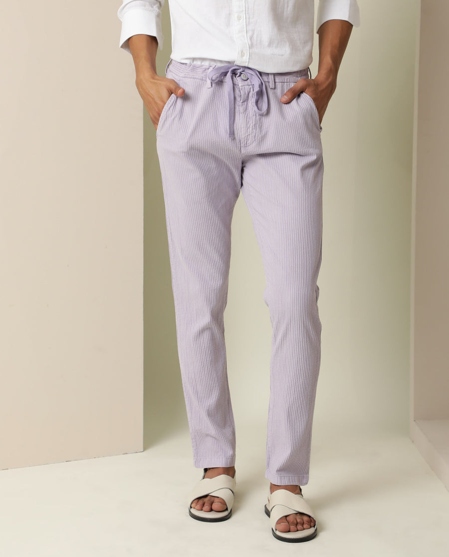 Rare Rabbit Men's Monter- Pink Cotton Striped Print Regular Fit Trouser