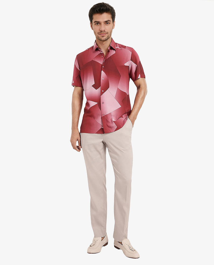 Rare Rabbit Men's Caplet Red Cotton Abstract Print Regular Fit Half Sleeve Collared Shirt