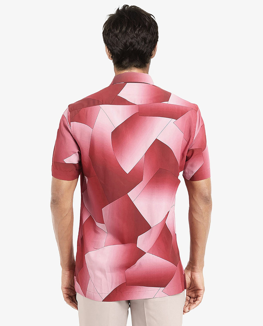 Rare Rabbit Men's Caplet Red Cotton Abstract Print Regular Fit Half Sleeve Collared Shirt