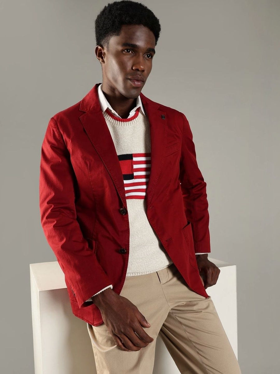 Tommy Hilfiger Men Solid Regular Fit Cotton Single-Breasted Blazer