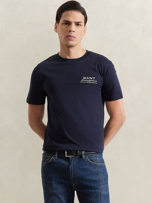 Gant Men Navy Blue Solid Regular Fit Pure Cotton T-Shirt