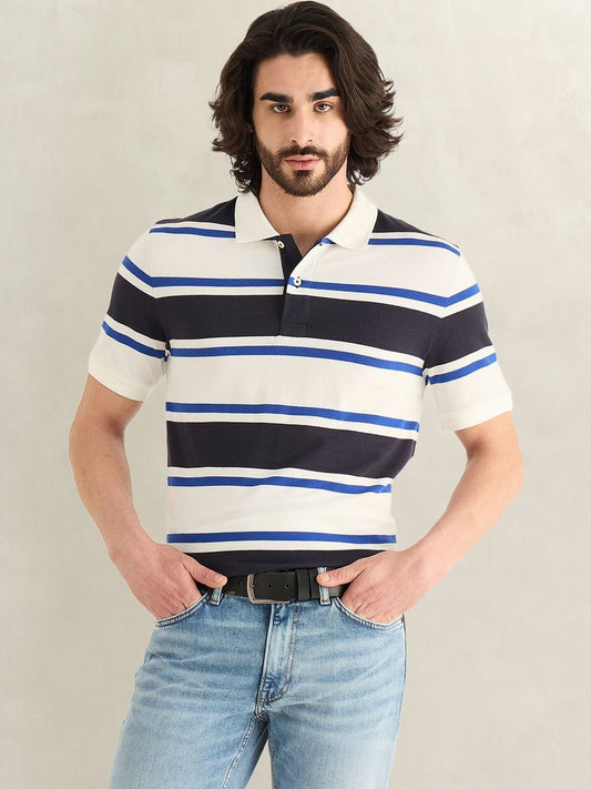 Gant Men Blue Striped Regular Fit Polo T-Shirt