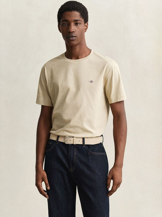 Gant Men Beige Solid Regular Fit Shield T-Shirt