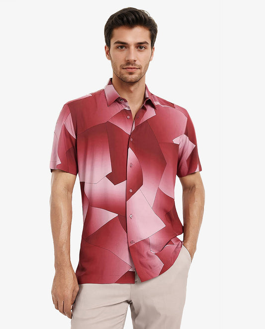 Rare Rabbit Men's Caplet Red Cotton Abstract Print Regular Fit Half Sleeve Collared Shirt