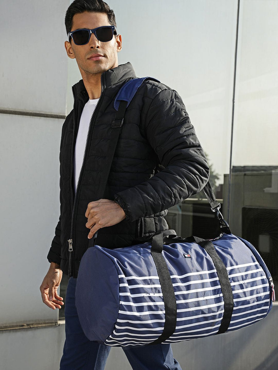 Tommy Hilfiger Unisex Navy Blue & White Striped Duffel Bag