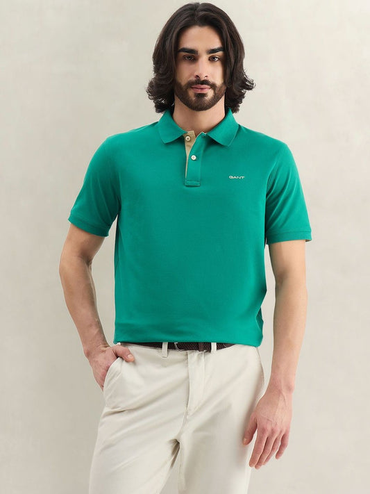 Gant Men Green Solid Regular Fit Pique Polo T-Shirt