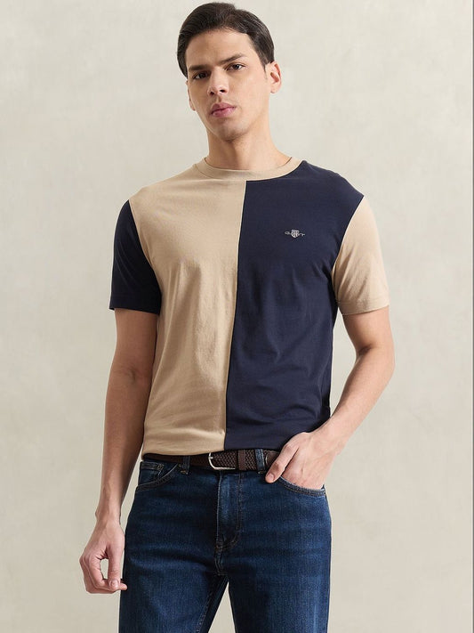 Gant Men Beige Colorblock Regular Fit Pure Cotton T-Shirt