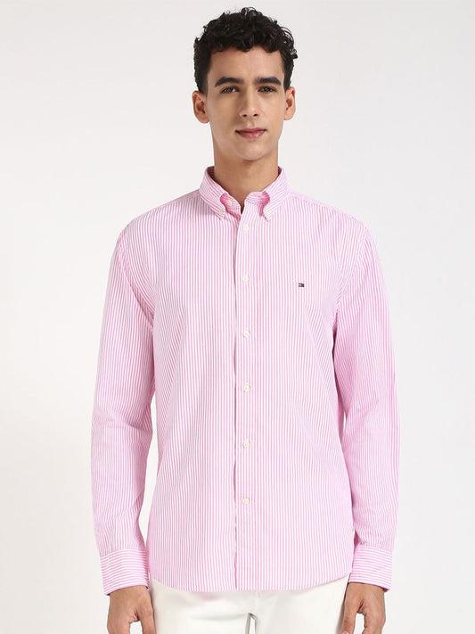 Tommy Hilfiger Men Button-Down Collar Vertical Striped Cotton Casual Shirt