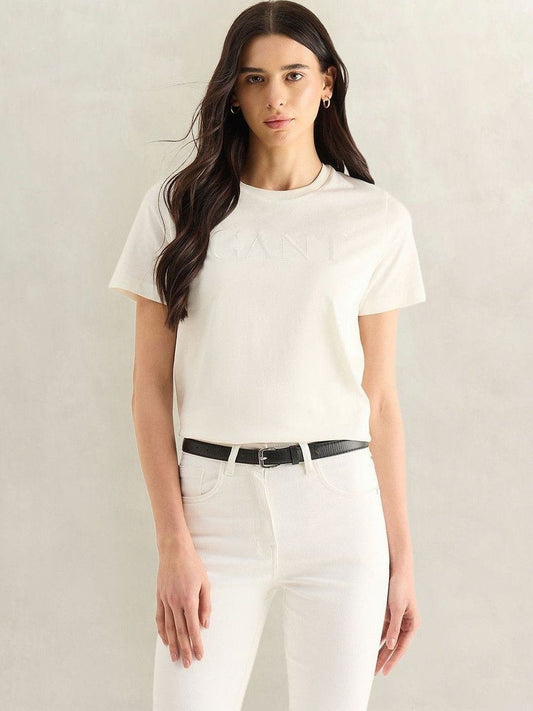 Gant Women White Solid Regular Fit Pure Cotton T-Shirt