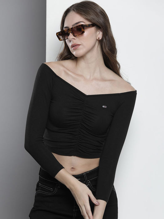 Tommy Hilfiger Solid Off-Shoulder Crop Ruched Top